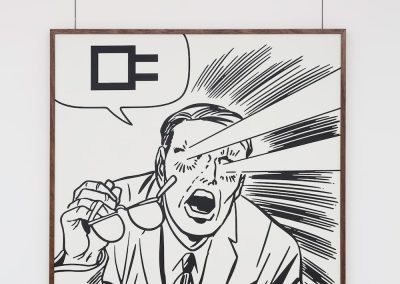 A linocut and screen print pop image of a man with lasers shooting from his eyes